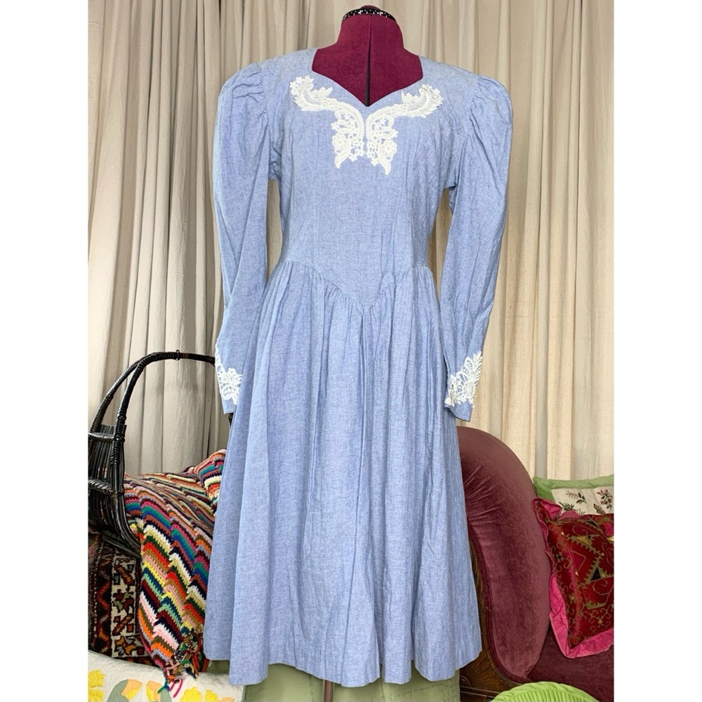 80s Chambray and Lace Western Dress